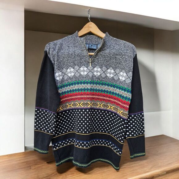 Vtg LizWear Multicolor Fair Isle 1/4 Zip Pullover Tunic Sweater Size S PETITE - Picture 1 of 8